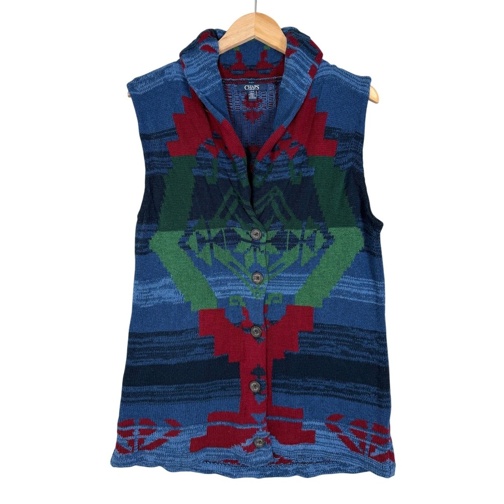 Chaps Southwestern Knit Vest Large Blue Aztec‎ Geometric Shawl Collar Button Up